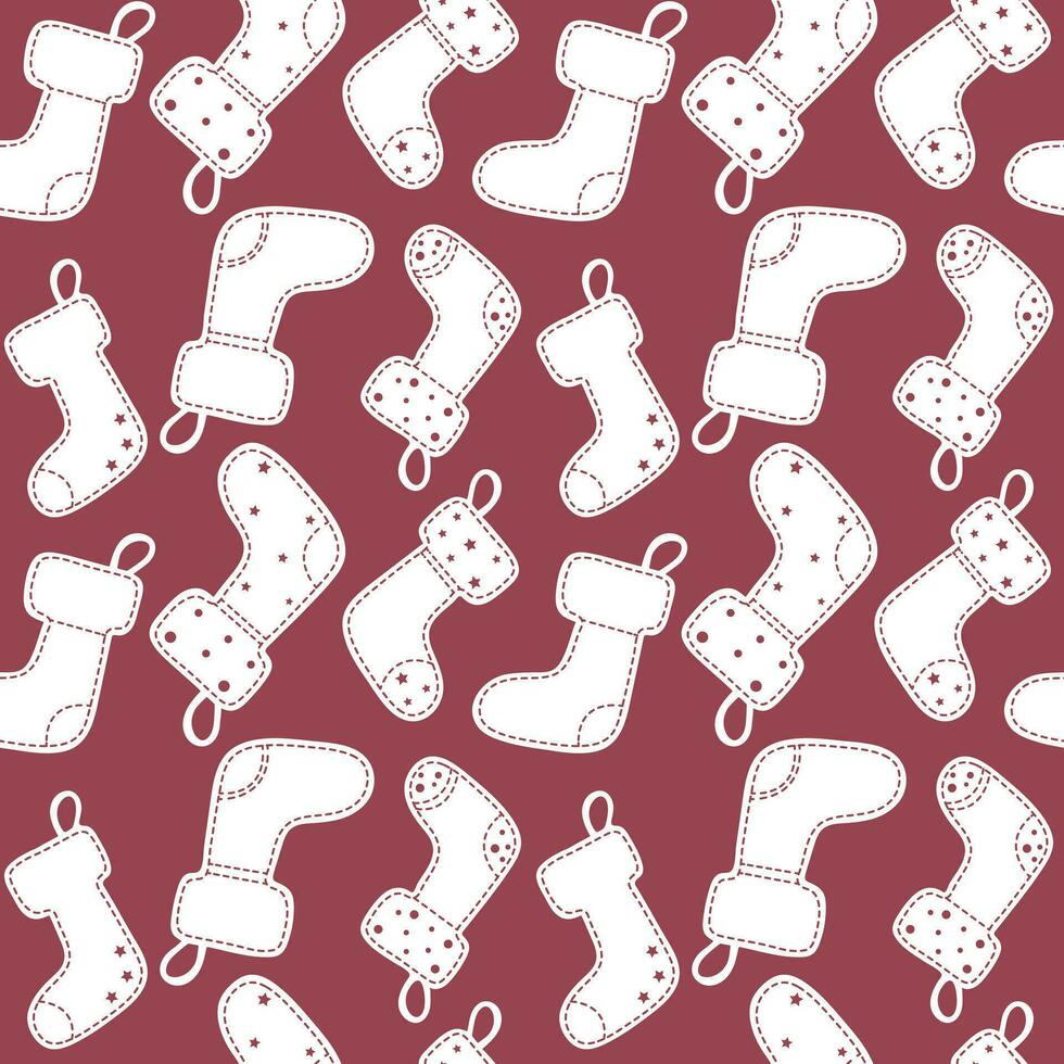 Seamless pattern with PaperCut-style Christmas socks. Wrapping paper with red background and white vintage socks vector