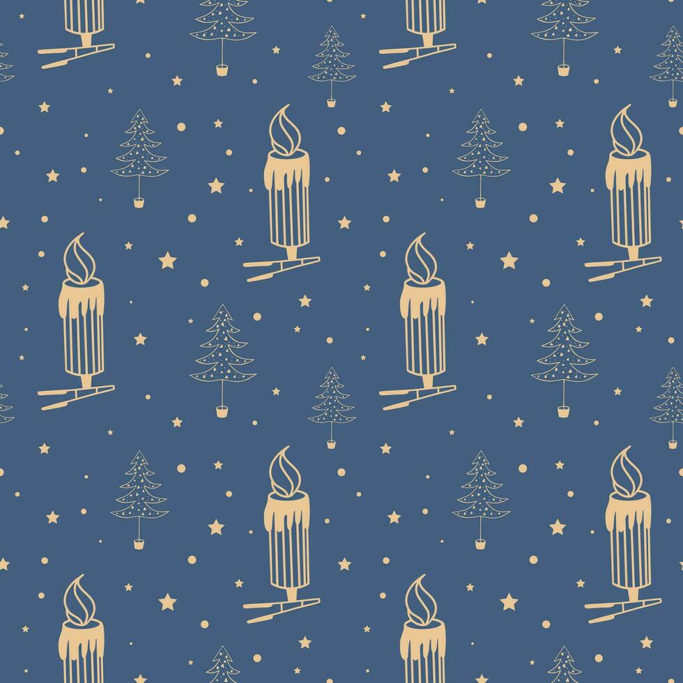Seamless pattern for Christmas or New Year with a Christmas tree and a candle. Glass candle toy on a clothespin. Pattern with blue background and gold elements vector