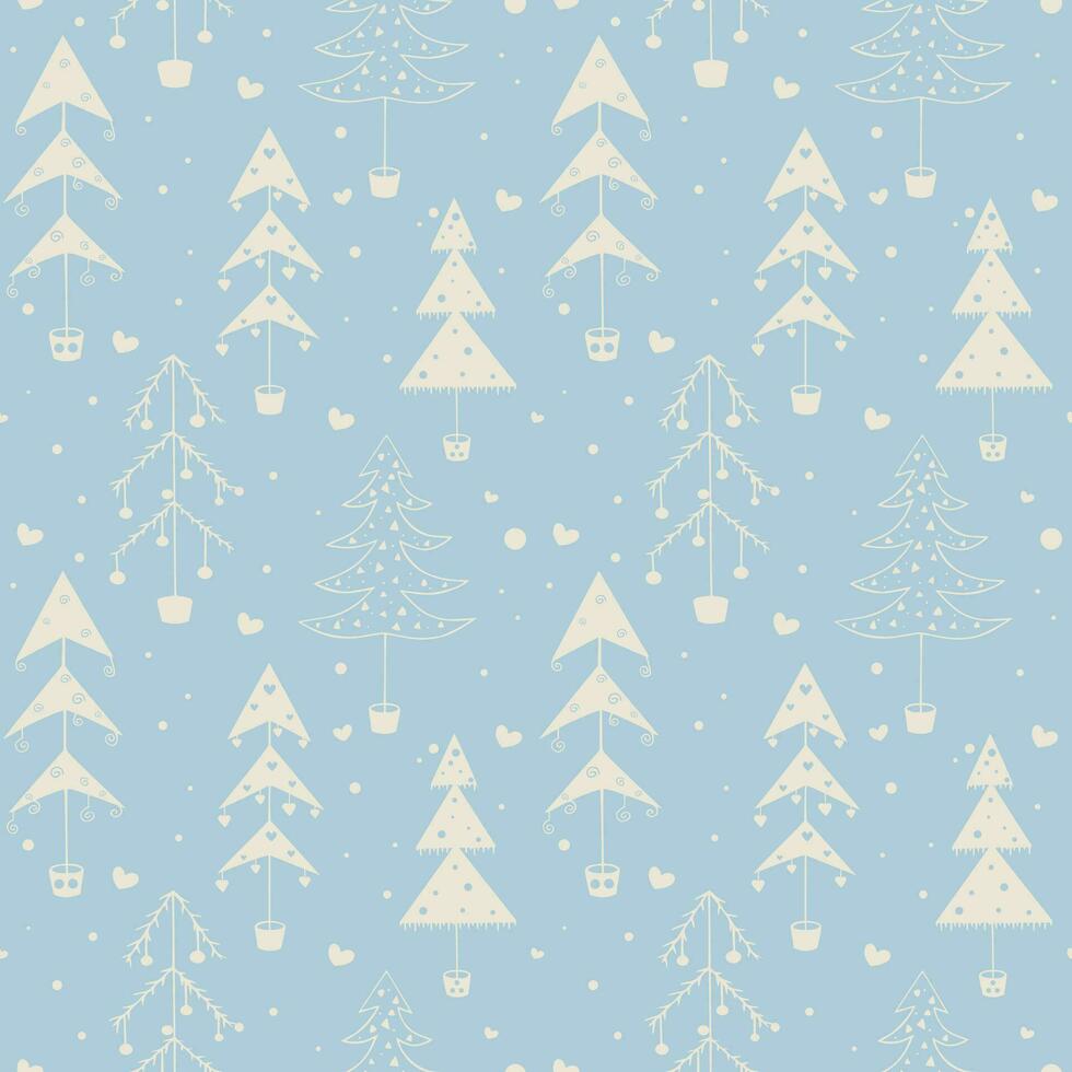 Seamless pattern for Christmas with Christmas trees, hearts and snow. Pattern with a blue background and white elements. Doodle-style wrapping paper vector