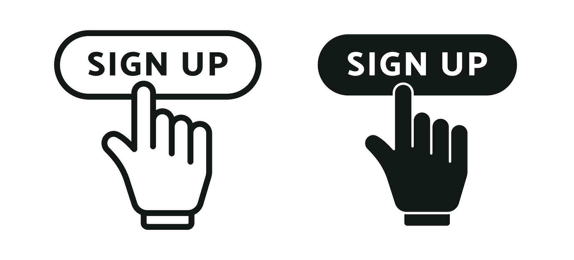 sign up button with hand sign. register now vector icon. new user registration call to action button for apps and website UI designs.