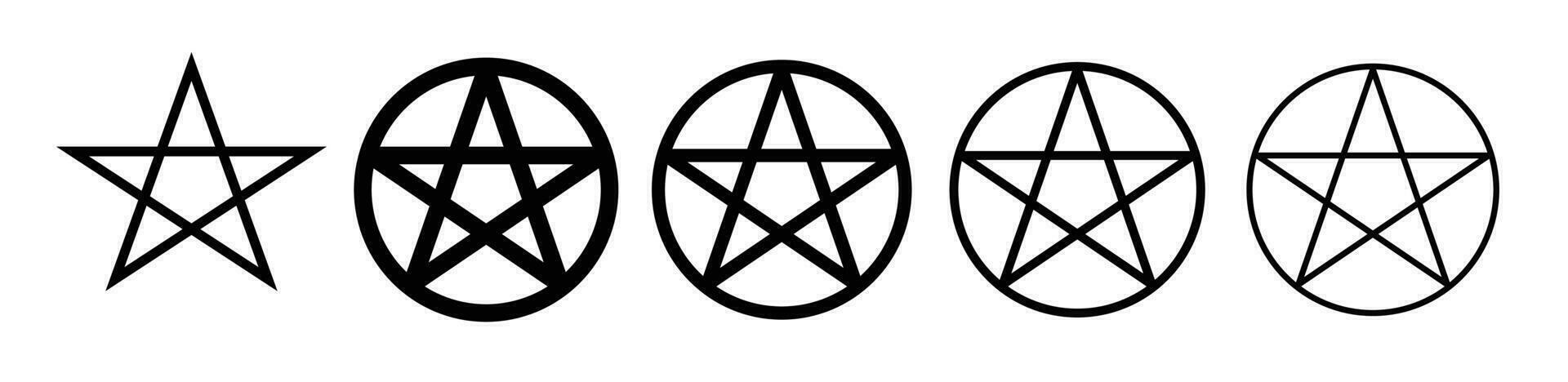 Pentagram symbol. pentacle star circle icon set in black filled and outlined style. vector