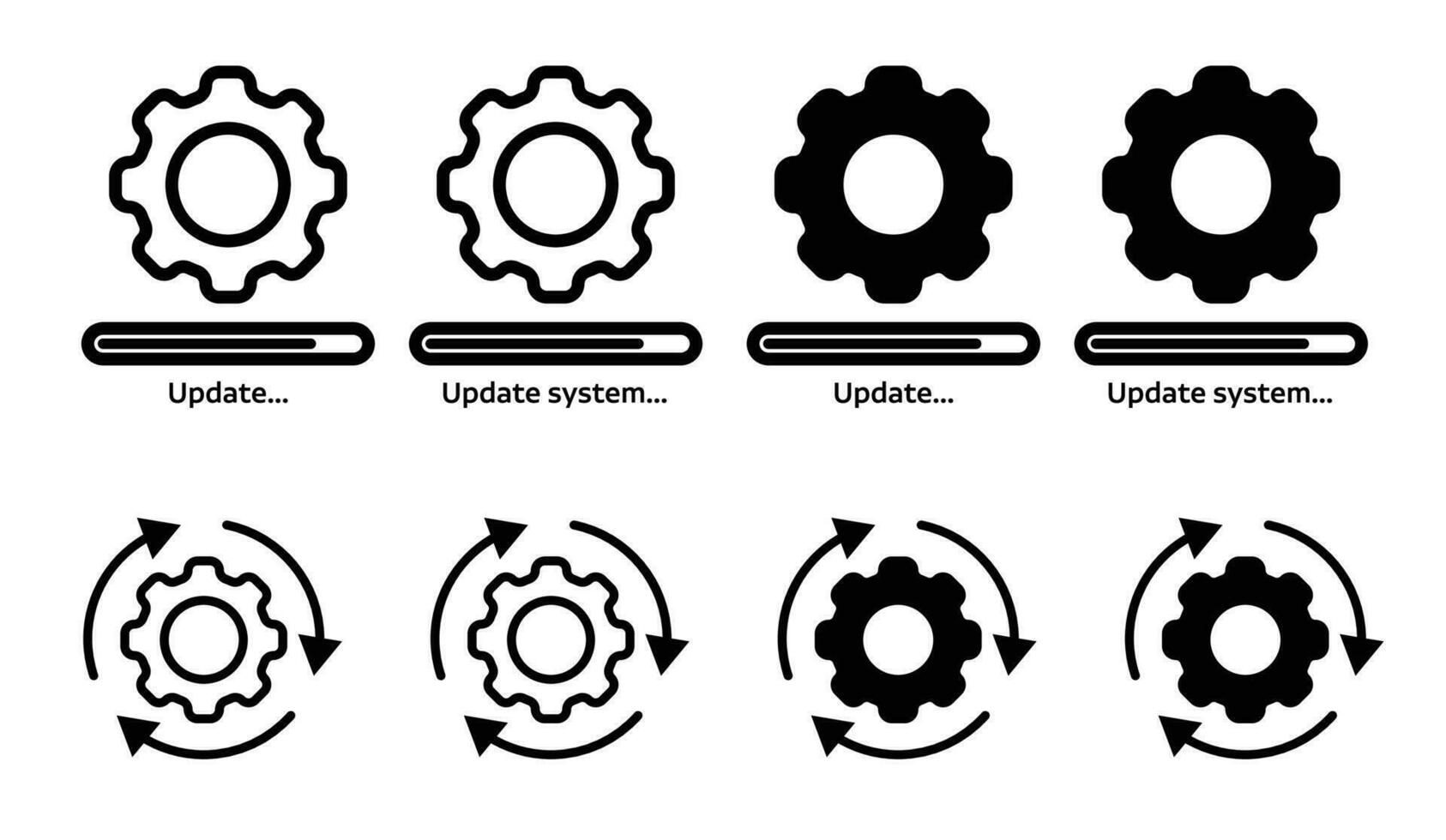 System update icon set. System operations icon set with gear sign. Work progress status pictogram vector. Os software maintenance symbol vector