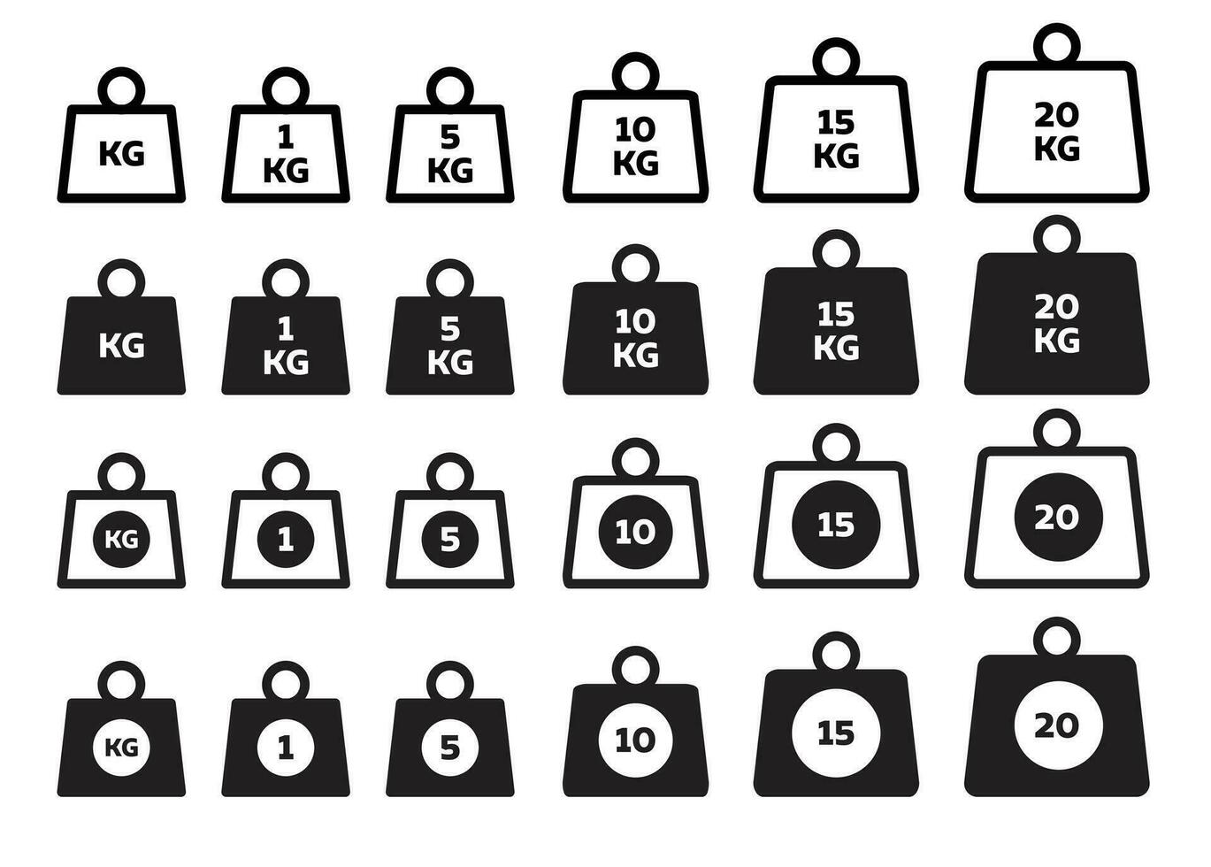 kilogram icon set of 1,5,10,15, and 20 kg. kilo weight vector symbol. kilo gram signs in filled and outlined style.