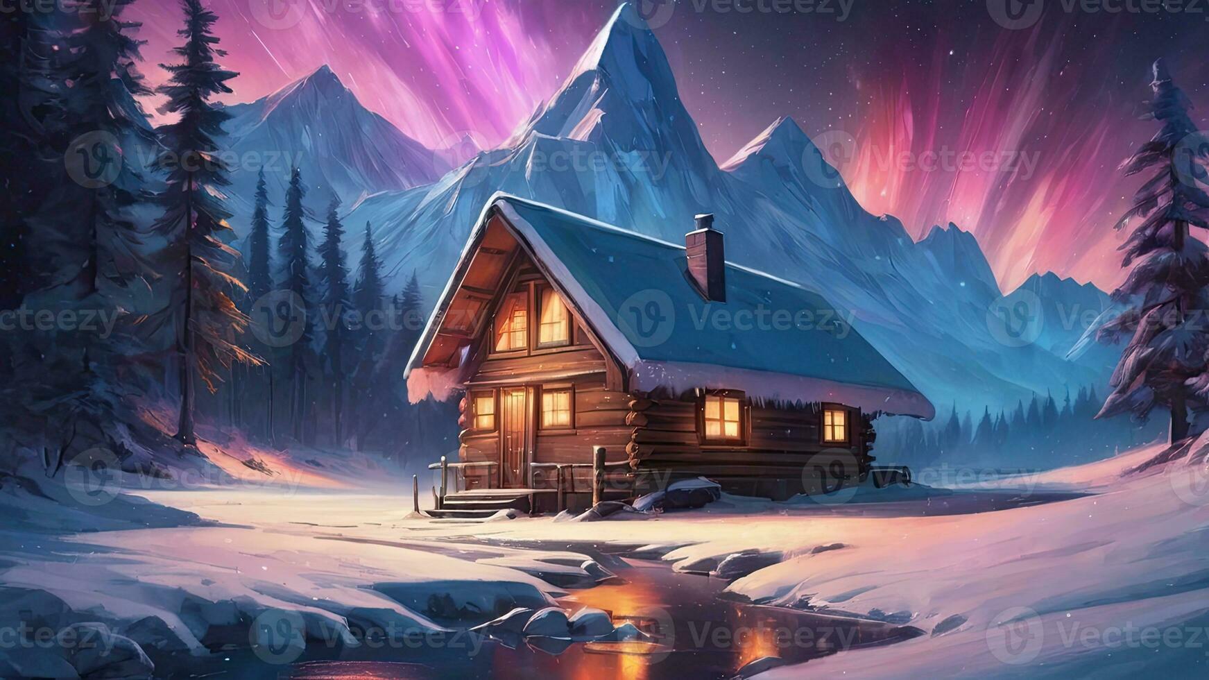 Snow-covered huts, pine trees, mountains, northern lights, aurora in winter.AI Generative. photo