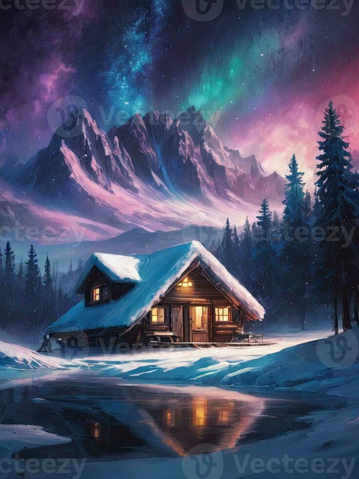 Snow-covered huts, pine trees, mountains, northern lights, aurora in winter.AI Generative. photo