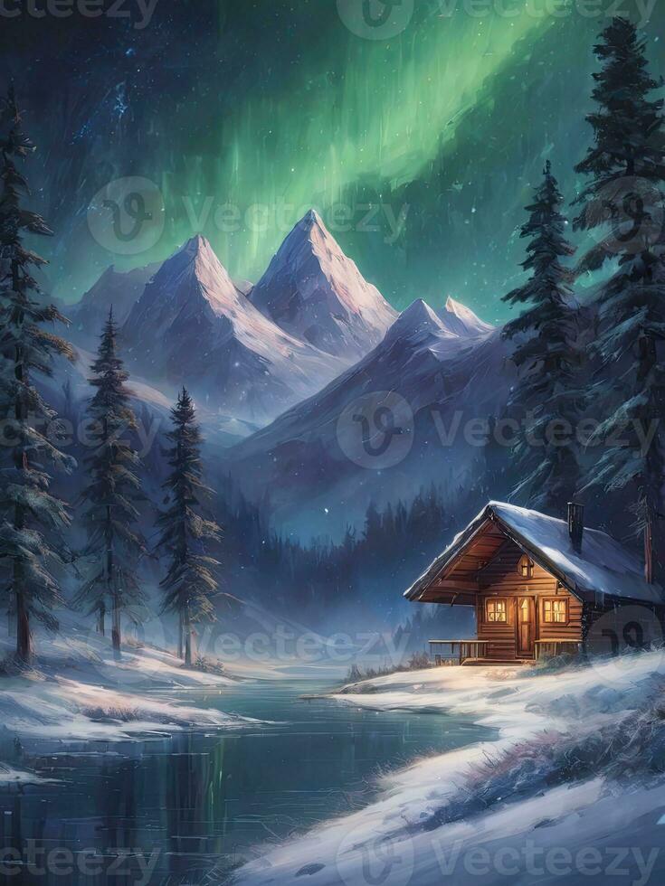 Snow-covered huts, pine trees, mountains, northern lights, aurora in winter.AI Generative. photo