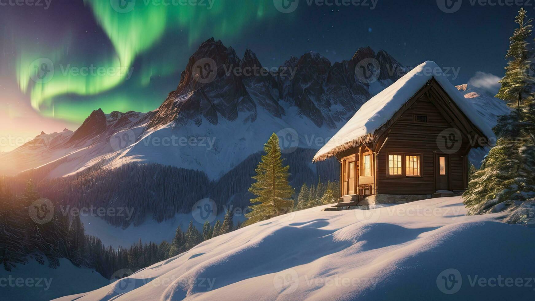 cubierto de nieve cabañas, pino árboles, montañas, del Norte luces, Aurora en invierno.ai generativo. foto