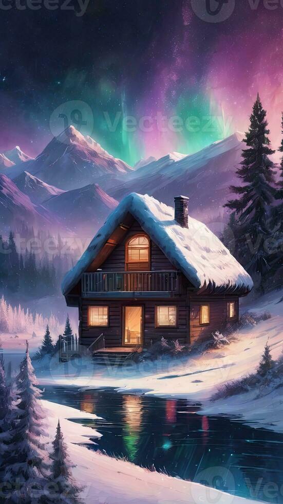 Snow-covered huts, pine trees, mountains, northern lights, aurora in winter.AI Generative. photo