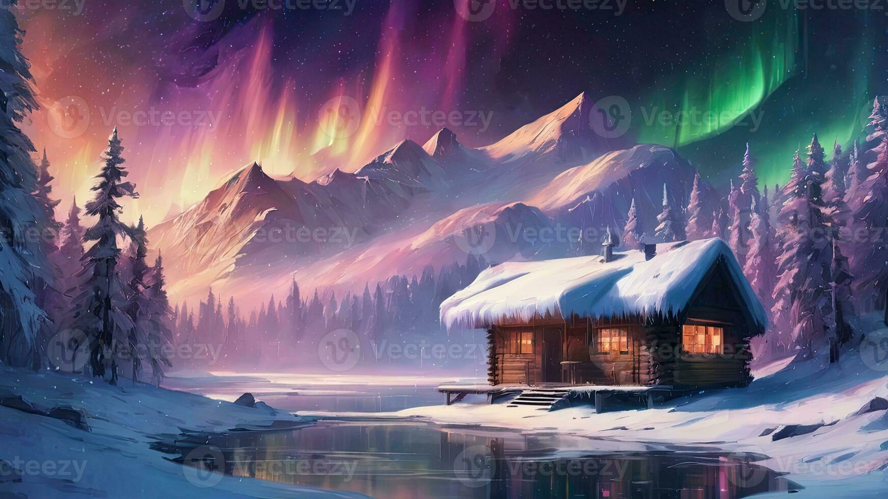 Snow-covered huts, pine trees, mountains, northern lights, aurora in winter.AI Generative. photo