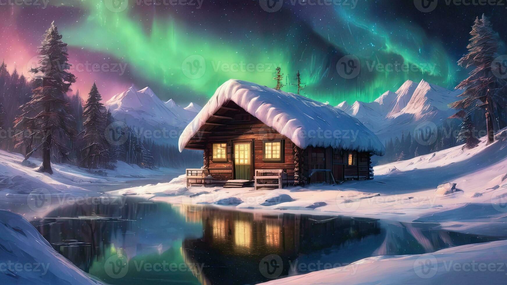 Snow-covered huts, pine trees, mountains, northern lights, aurora in winter.AI Generative. photo