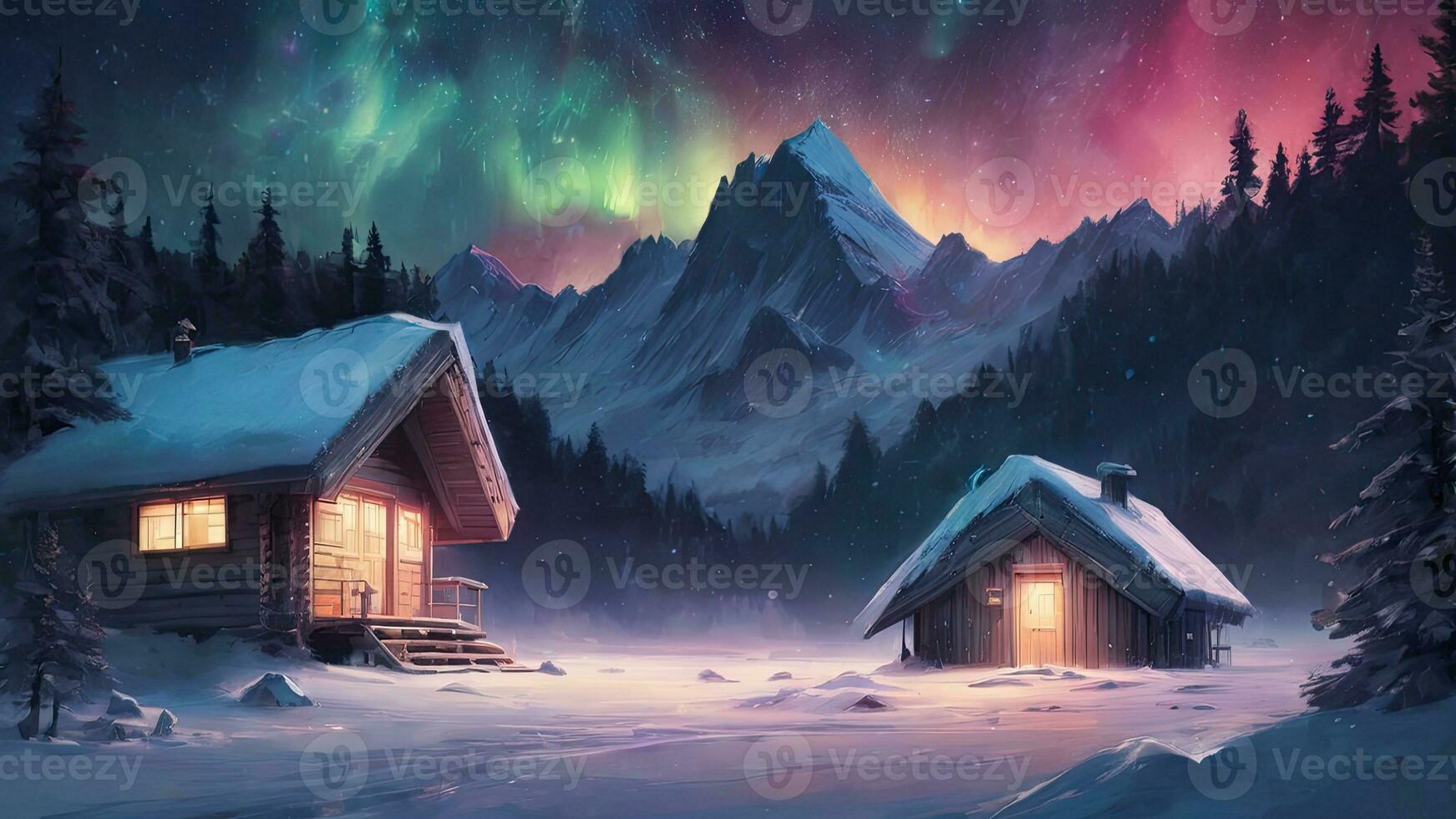 Snow-covered huts, pine trees, mountains, northern lights, aurora in winter.AI Generative. photo