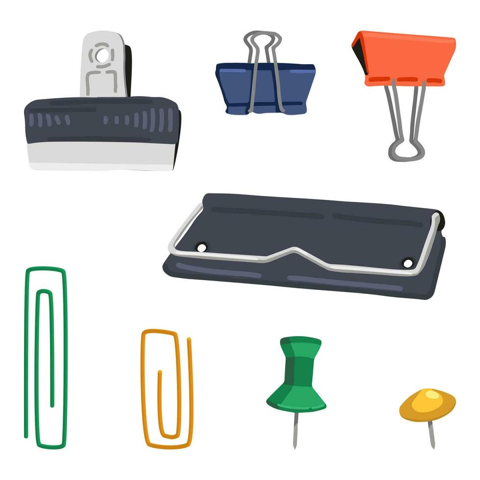 Doodles set of paper clips, binder clips, pins, push pins, tacks. Stationery office supplies collection. Cartoon style vector illustrations. Holders for documents isolated on white.