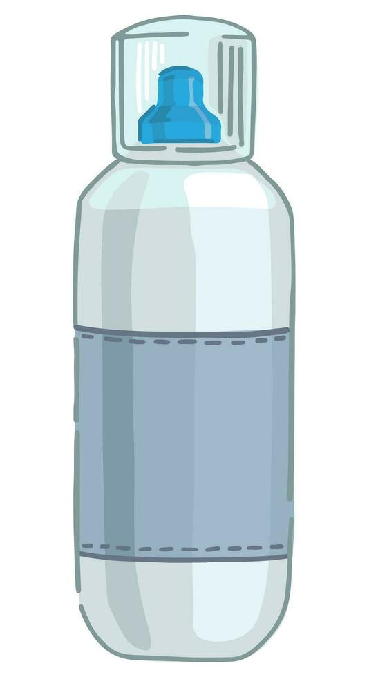 Colored doodle of reusable bottle for water. Liquid container. Sports accessory clipart. Cartoon style vector illustration isolated on white.