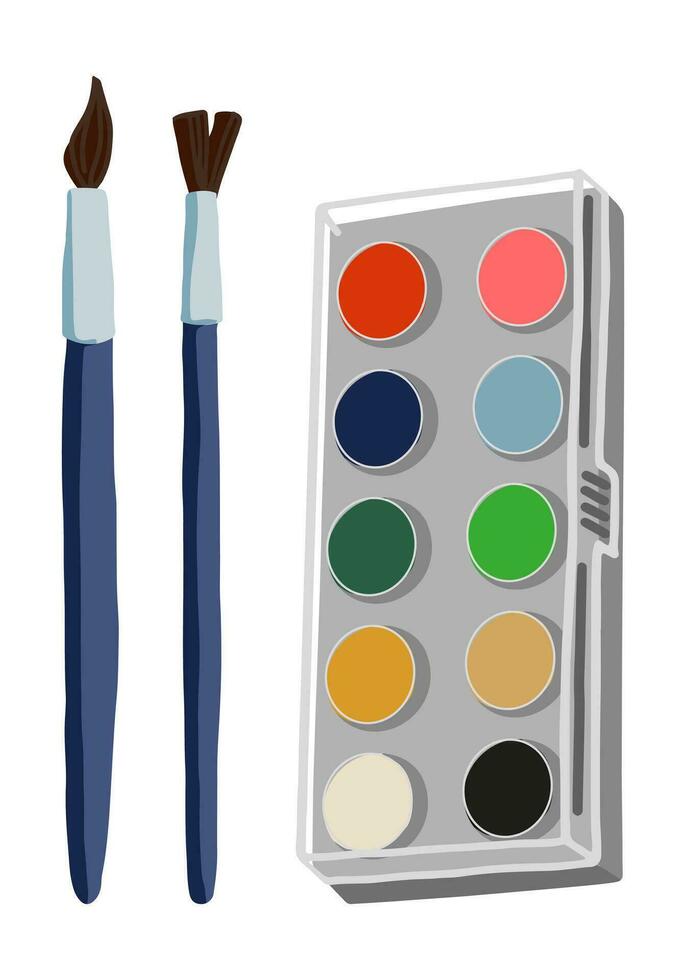Paint and paints brushes. Artist supplies doodles set. Cartoon style vector illustration. Back to school clipart isolated on white.