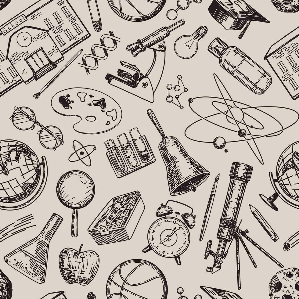 School attributes seamless pattern. Ornament of textbooks, laboratory equipment, stationery items. Hand drawn vector illustrations. Back to school design.