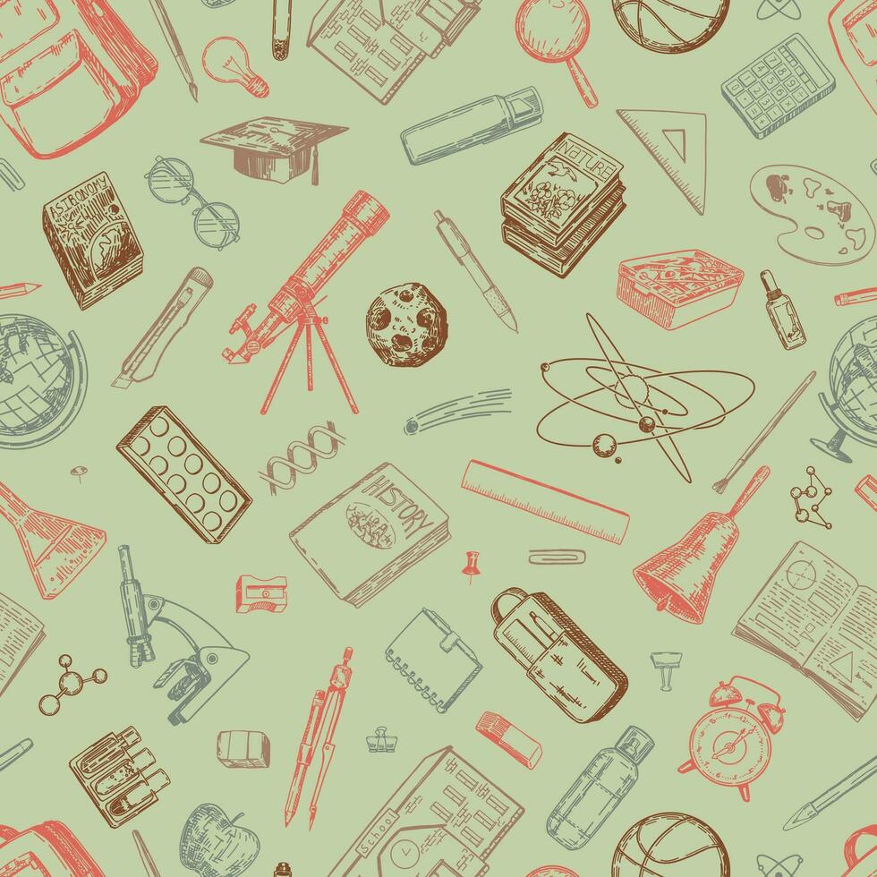 School attributes seamless pattern. Ornament of textbooks, laboratory equipment, stationery items. Hand drawn vector illustrations. Back to school design.
