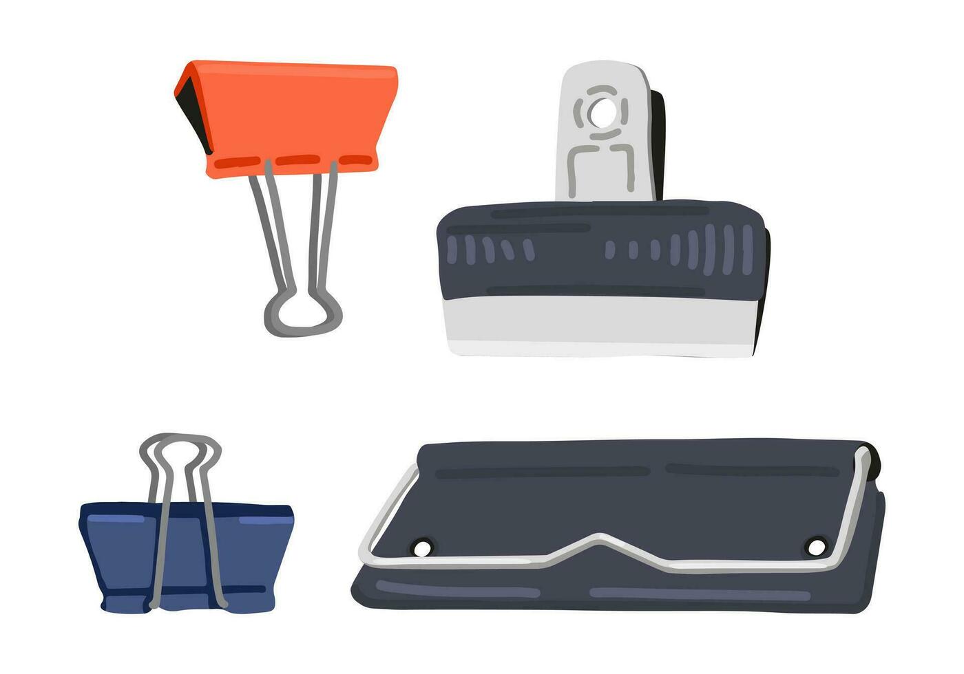 Doodles set of holders for documents, paper clips, binder clips. Stationery office supplies collection. Cartoon style vector illustration isolated on white.