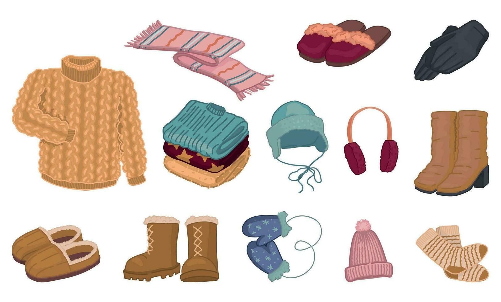 Set of winter time attributes. Doodles of warm clothes, shoes, hats, gloves, accessories. Cartoon vector illustrations. Contemporary clip arts collection isolated on white.