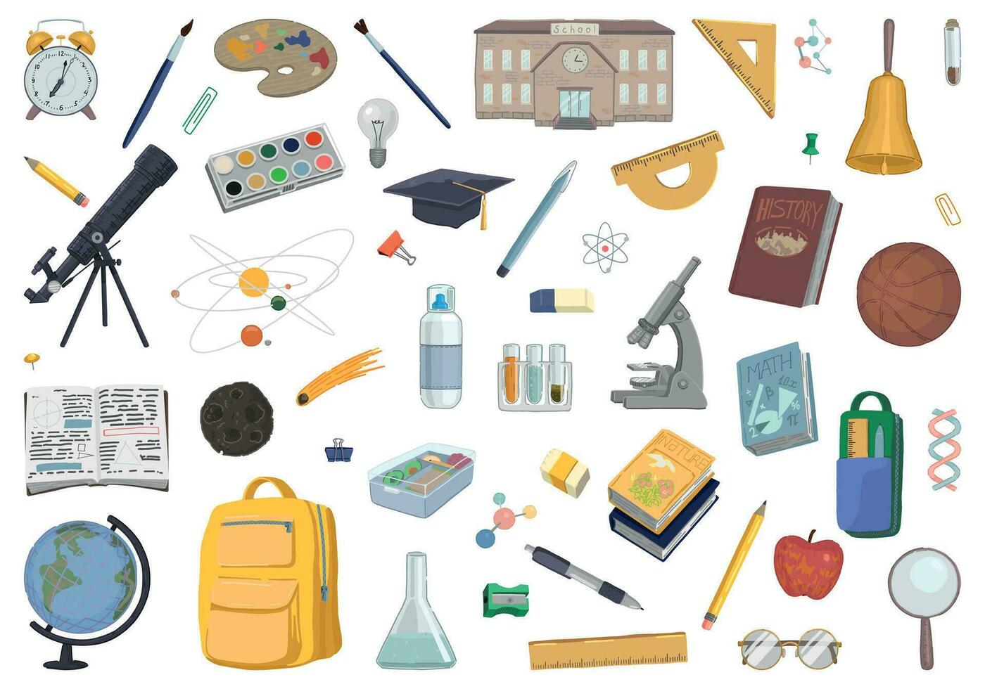 School attributes doodles collection. Set of textbooks, laboratory and classes equipment, stationery items. Cartoon style vector illustrations. Back to school clip arts isolated on white.