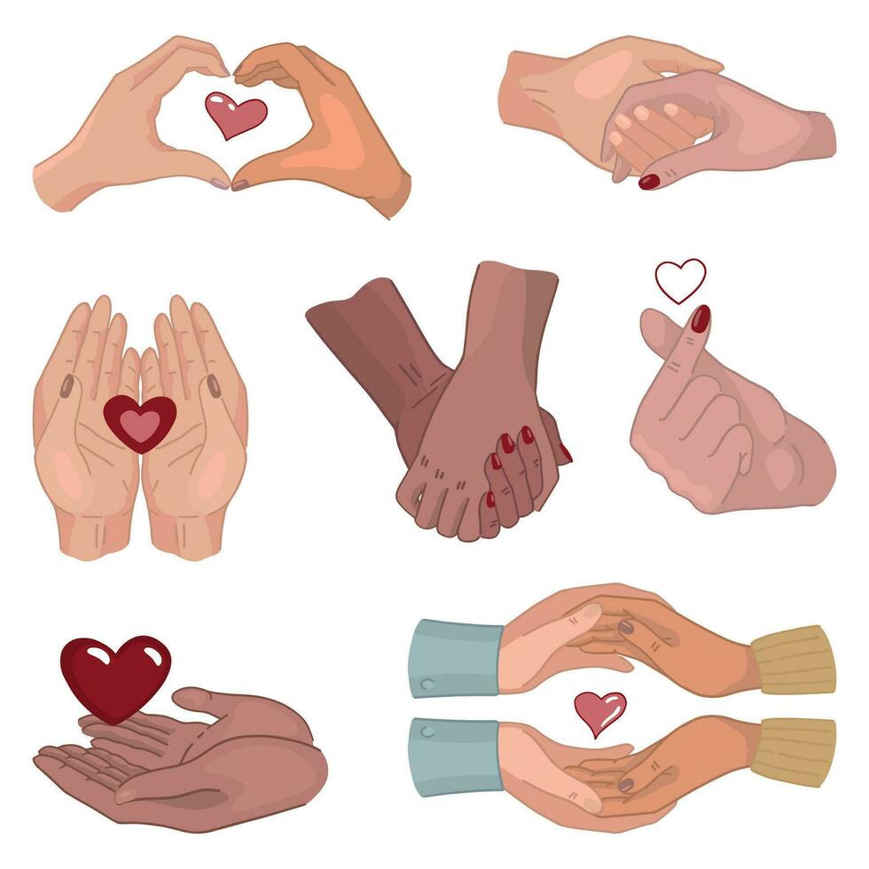 Romantic hand gestures doodles collection. Cartoon vector illustration of hands of loving couples, friends. St Valentine holiday clipart set isolated on white.