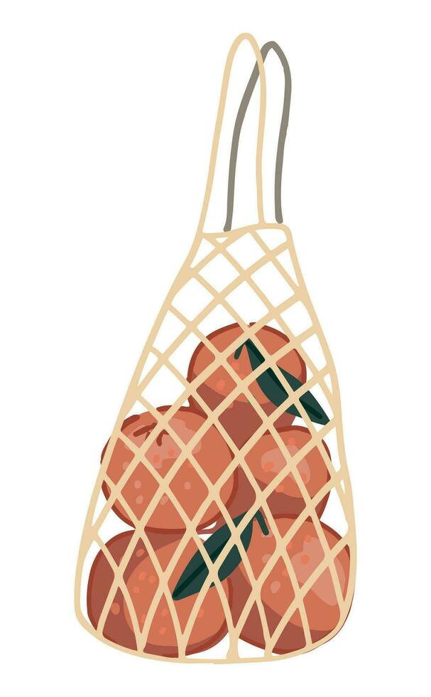 Tangerines in mesh bag. Doodle of cozy winter time attributes. Cartoon vector illustration. Contemporary clipart isolated on white.