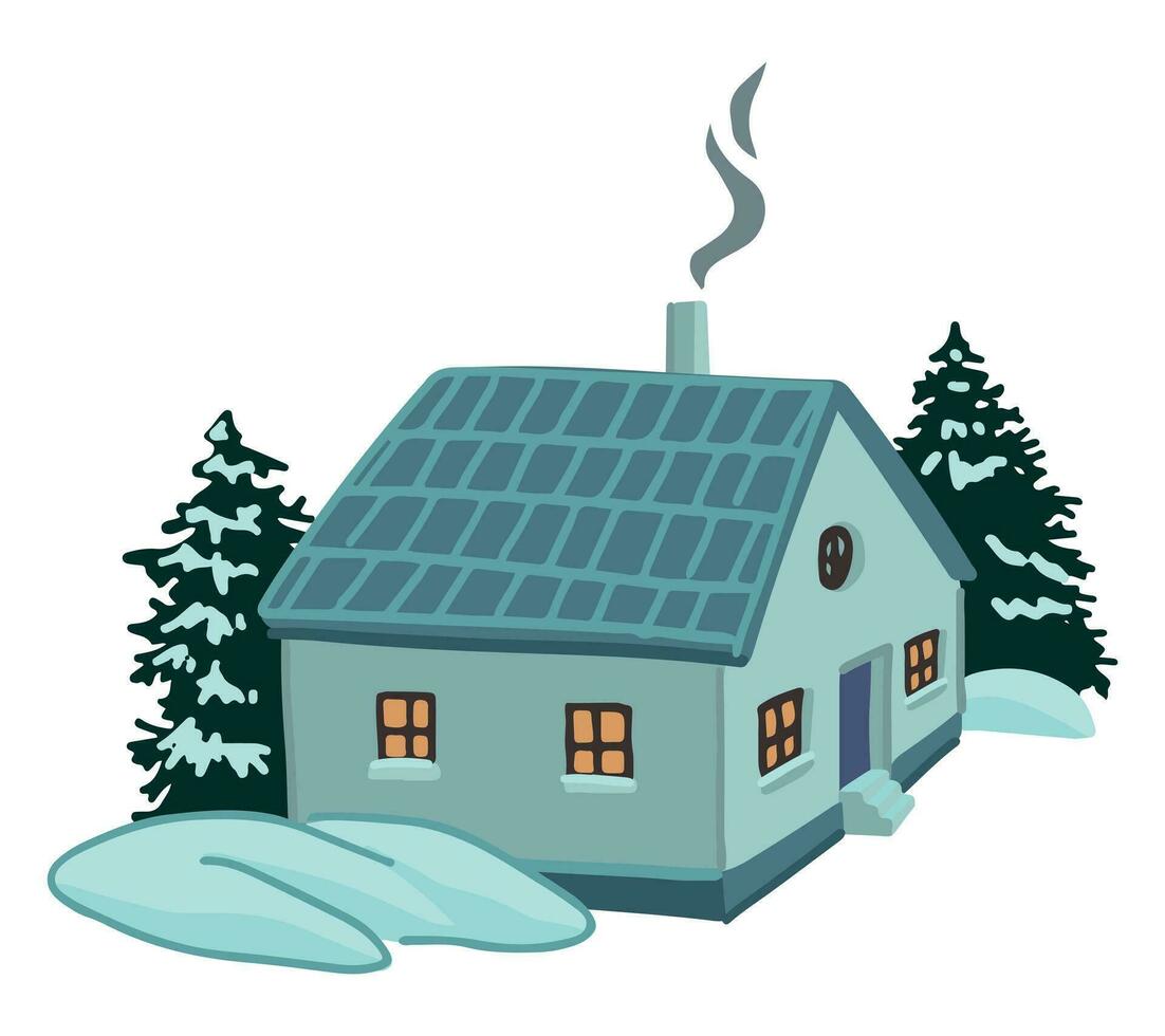 Cozy winter time house. Doodle of snow-covered country scene. Cartoon vector illustration. Contemporary clip art isolated on white.