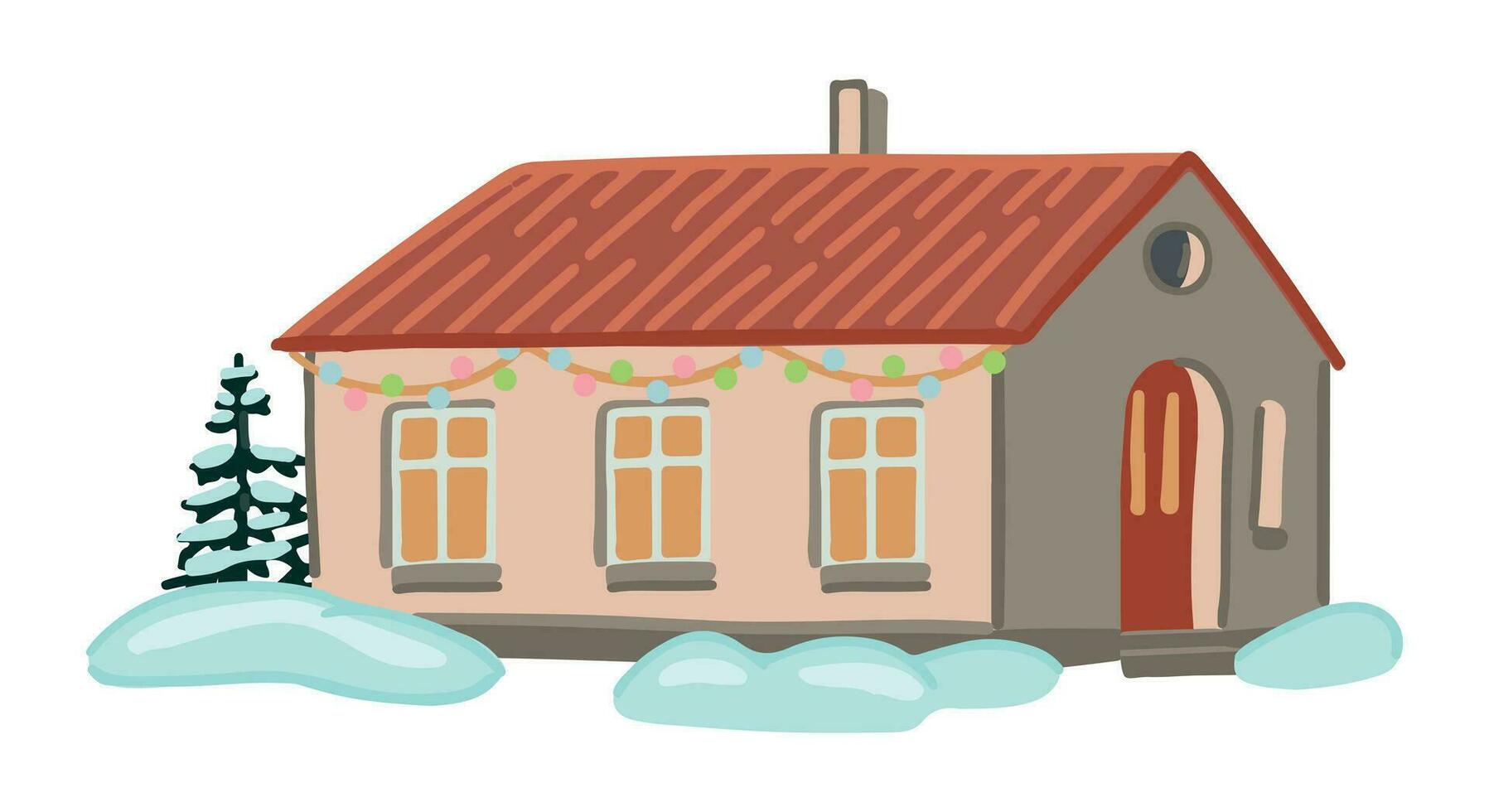 Cozy winter time house. Doodle of snow-covered country scene. Cartoon vector illustration. Contemporary clip art isolated on white.