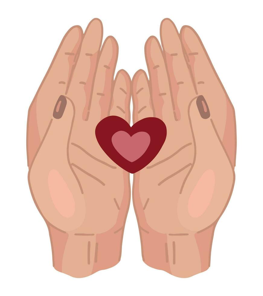 Doodle of hands hold abstract heart. Concept of giving love. St Valentine holiday design. Cartoon vector illustration isolated on white.