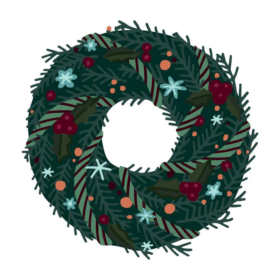Doodle of Christmas wreath. Cartoon clipart of fir wreath decorated