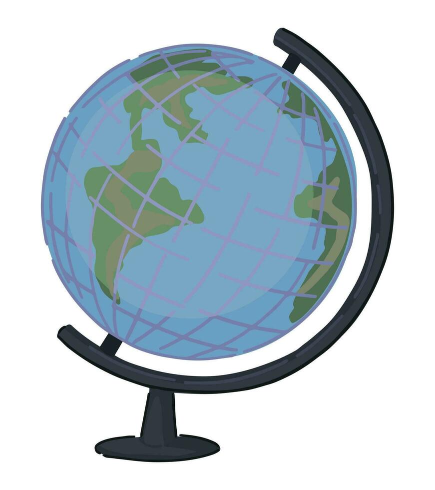 Desktop globe doodle. Geography model, school classroom tool clip art. Cartoon style vector illustration isolated on white.
