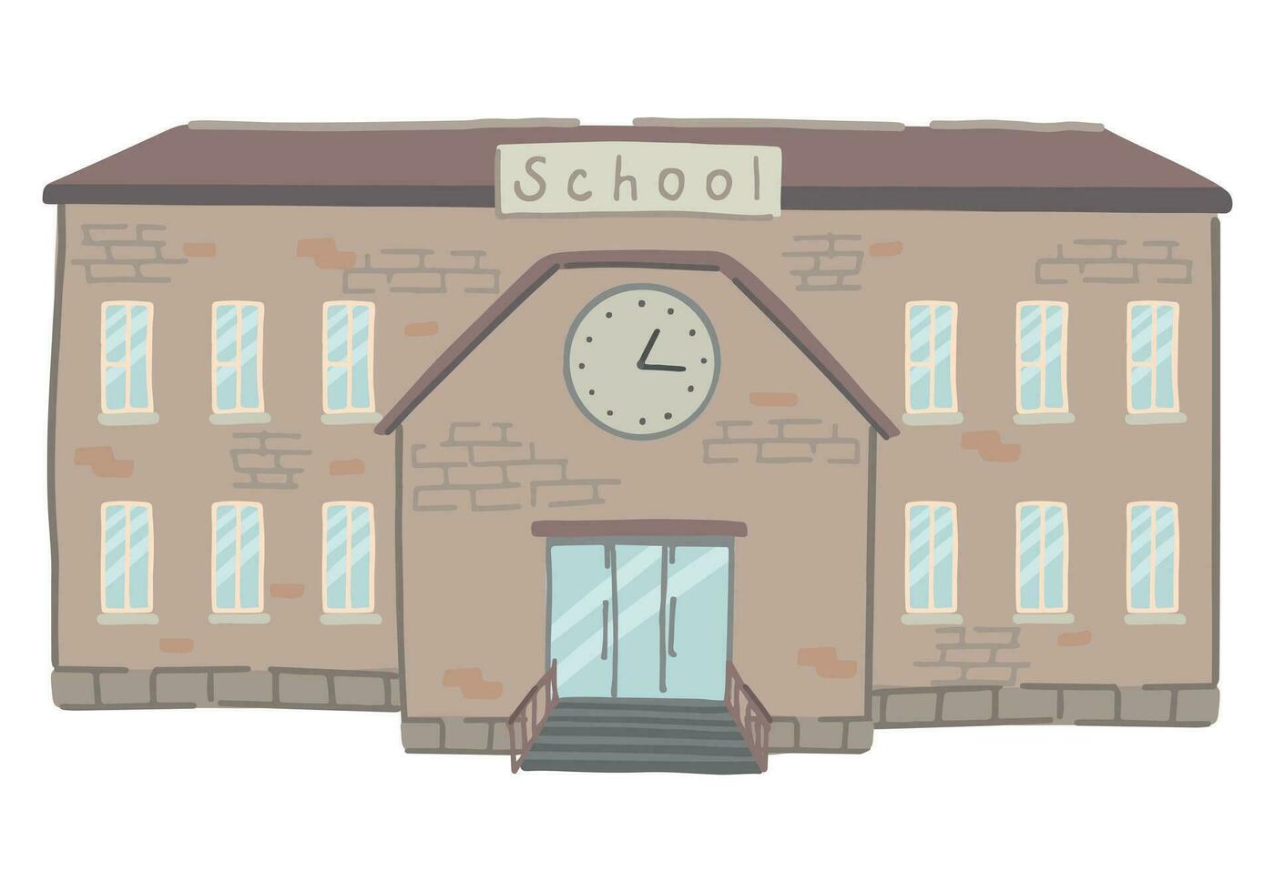 Doodle of school building front. Back to school clipart. Cartoon style vector illustration isolated on white.