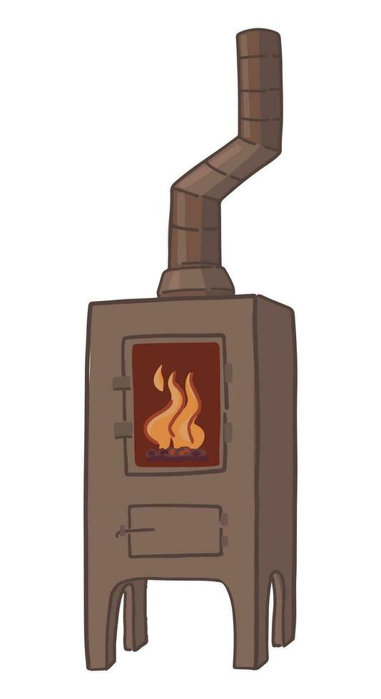Cozy potbelly stove with burning fire. Doodle of winter time aesthetic. Cartoon vector illustration. Single clip art isolated on white.
