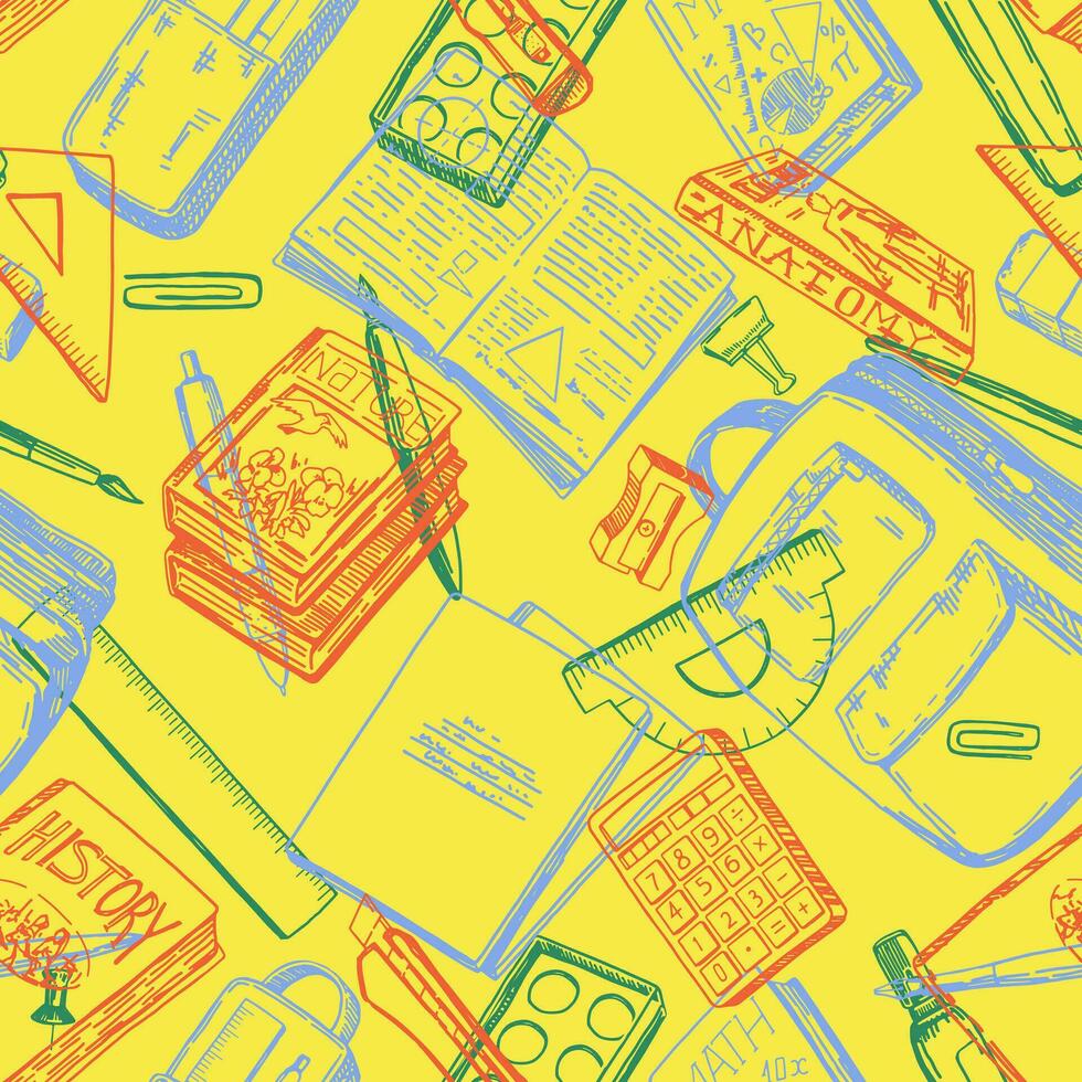 Ornament of school supplies. Backpack, notebooks, textbooks, stationery items, beginner artist tools in retro sketch style. Back to school vector seamless pattern.