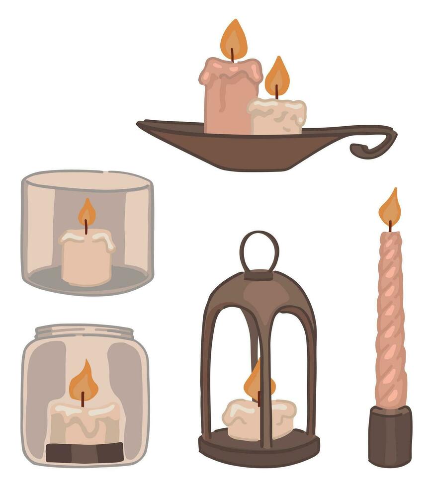 Doodles of various vintage candles. Set of cozy cold season items. Cartoon vector illustrations. Clip art collection isolated on white.