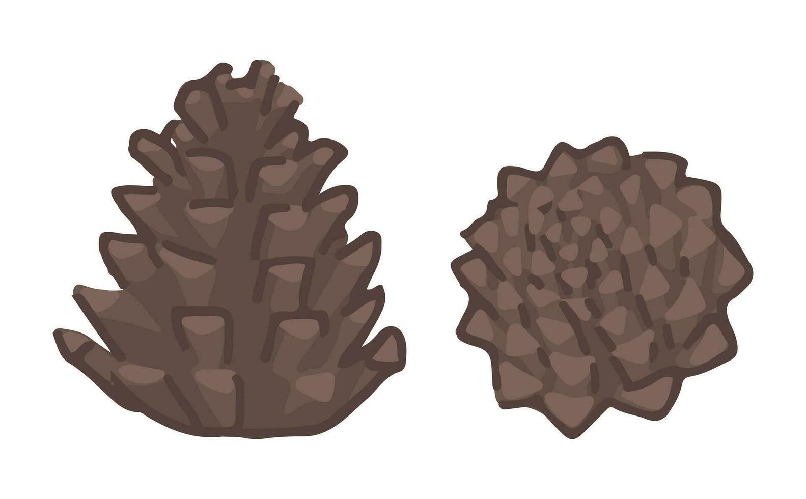 Cartoon cliparts of pine cone. Doodle of forest harvest. Contemporary vector illustration isolated on white background.