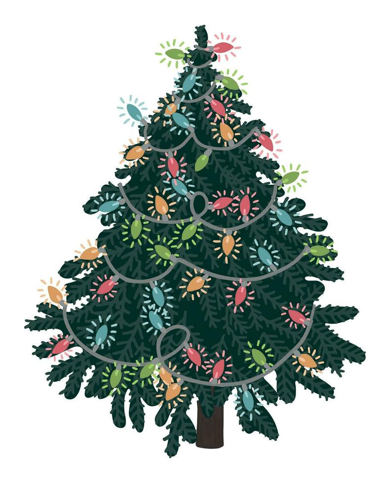 Doodle of Christmas fir tree. Cartoon clipart of spruce decorated garland. Vector illustration isolated on white background.