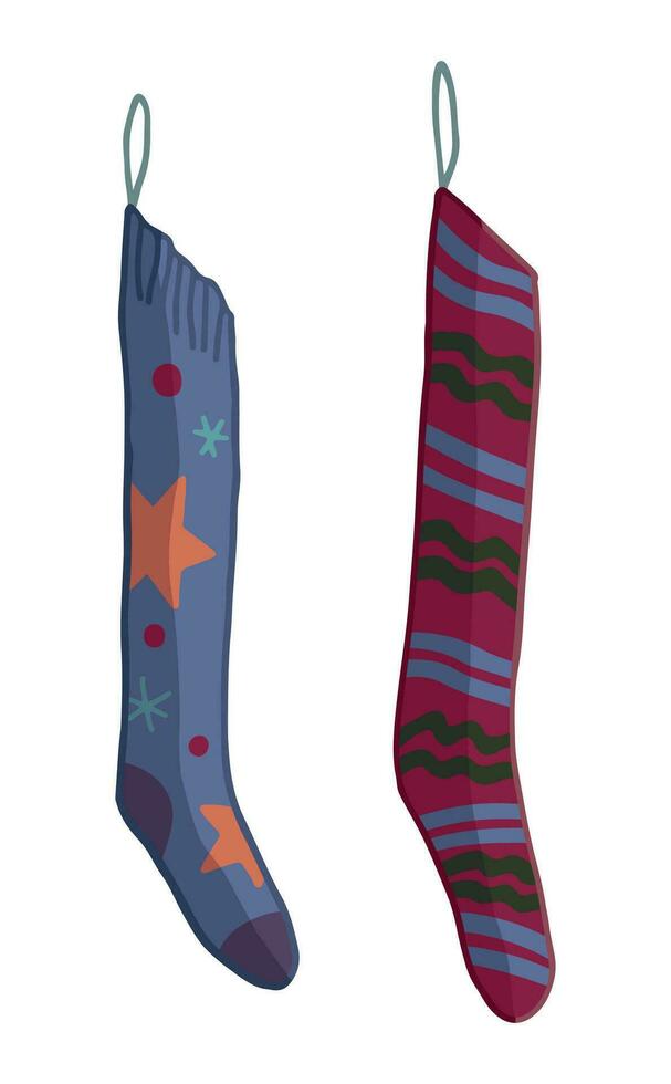 Doodle of long Christmas socks. Cartoon clipart of ornamental stocking for gifts. Vector illustration isolated on white.