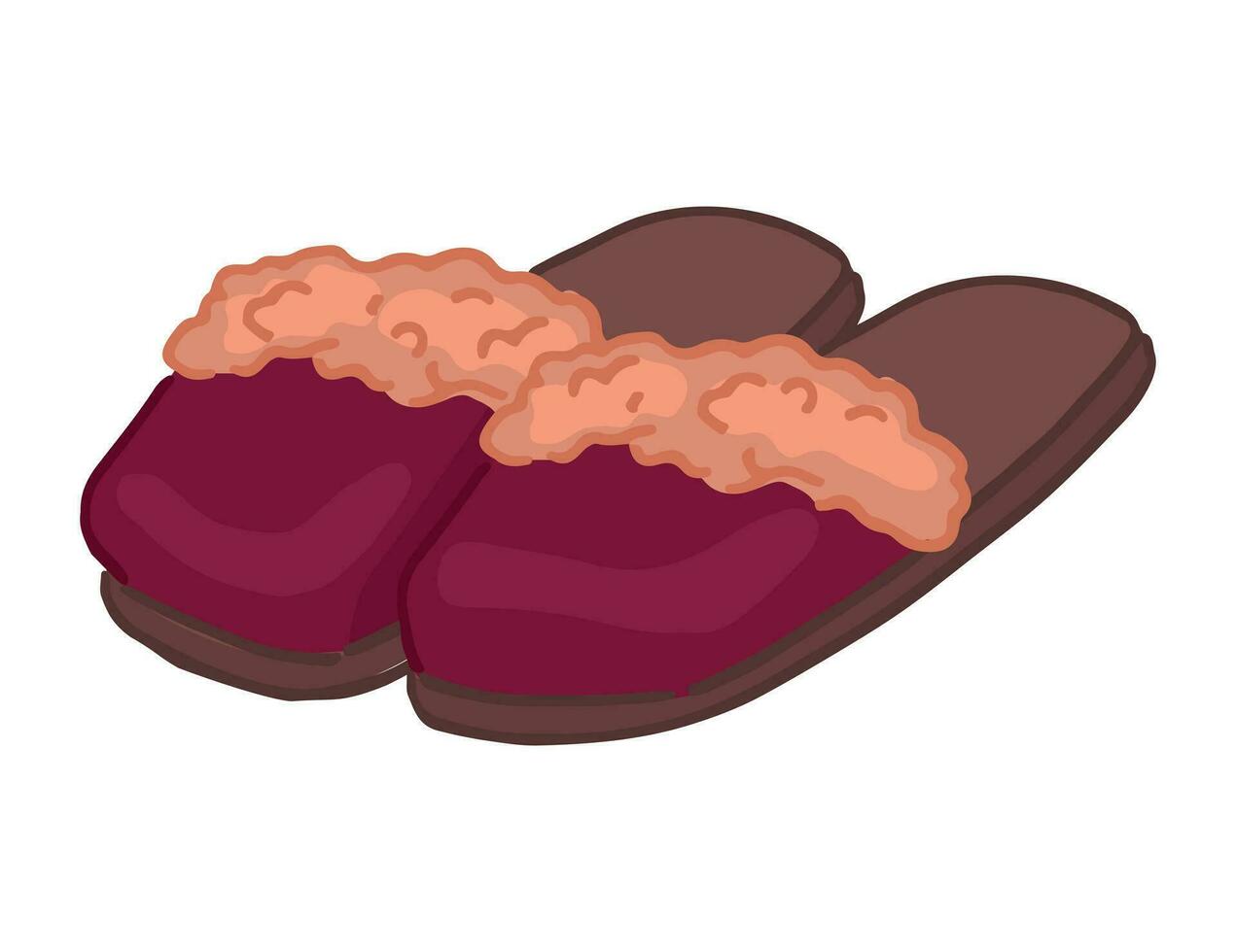 Doodle of warm winter home slippers. Cartoon clipart of pair of furry footwear for house. Vector illustration isolated on white background.