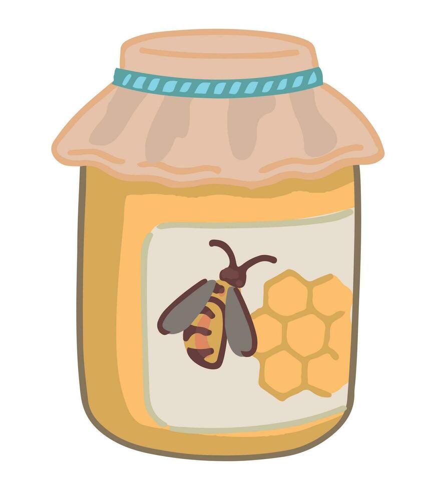 Jar of honey cartoon clipart . Doodle of sweet homemade winter season food. Contemporary vector illustration isolated on white background.