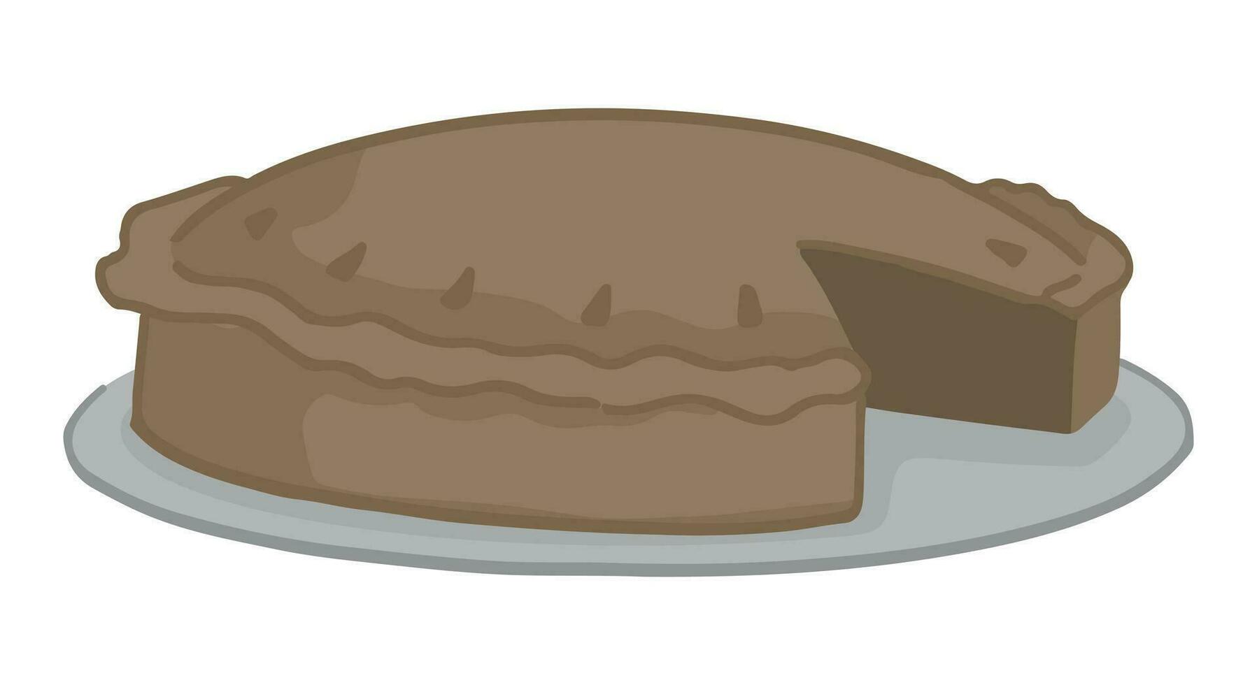 Cartoon clipart of pie on plate. Doodle of sweet homemade bakery. Vector illustration isolated on white background.