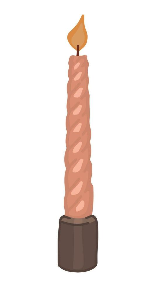 Twisted candle with burning flame light. Doodle of cozy spiral wax stick with burning wick. Cartoon vector illustration. Clip art isolated on white.