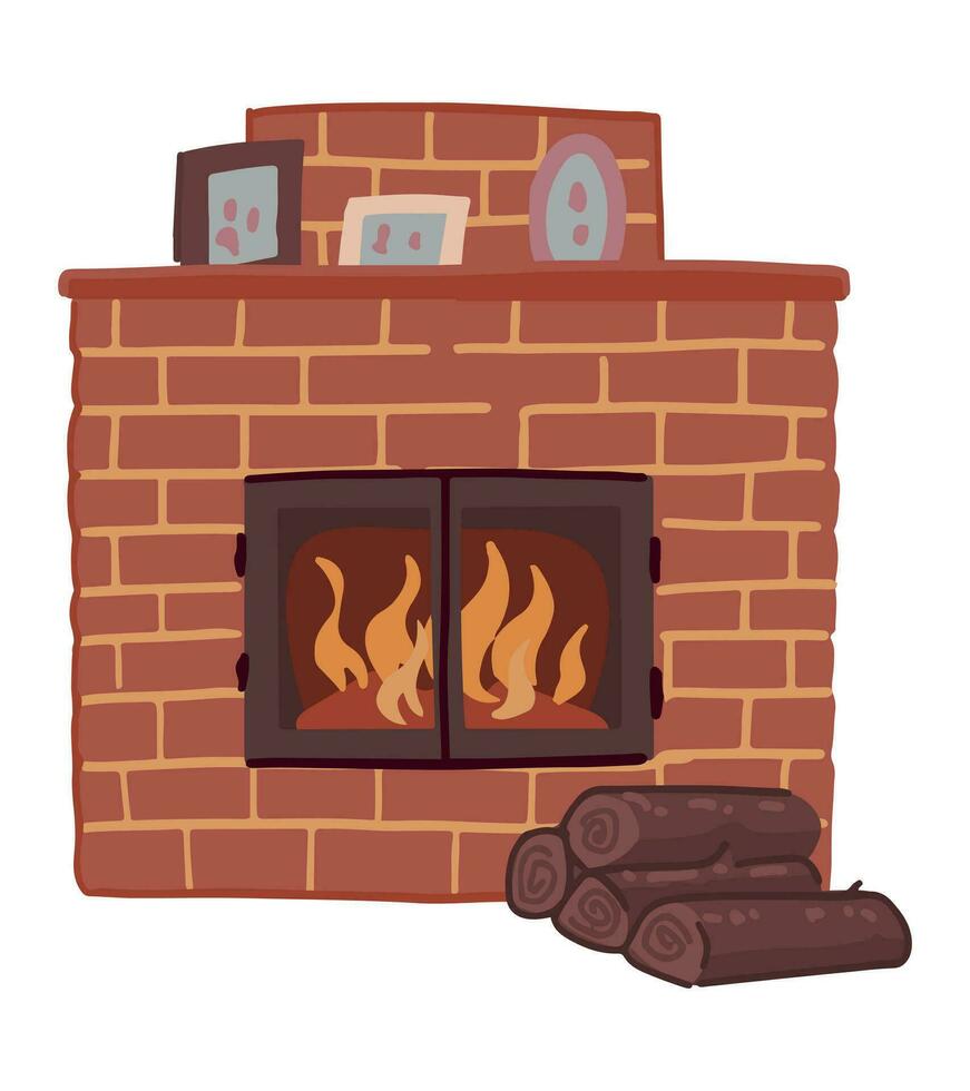 Cozy brick fireplace with firewood. Doodle of winter time aesthetic. Cartoon vector illustration. Single clip art isolated on white.