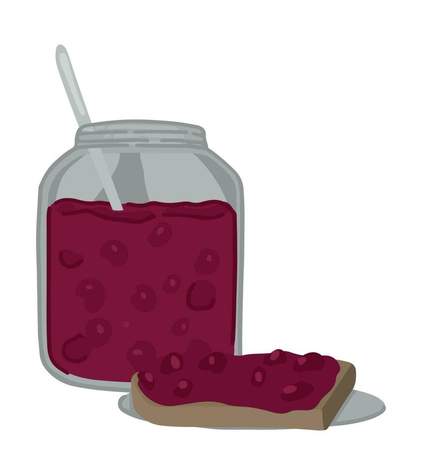 Jam spread on piece of toast bread, glass jar with jelly. Doodle of sweet homemade winter season food. Cartoon vector illustration. Contemporary clip art isolated on white.