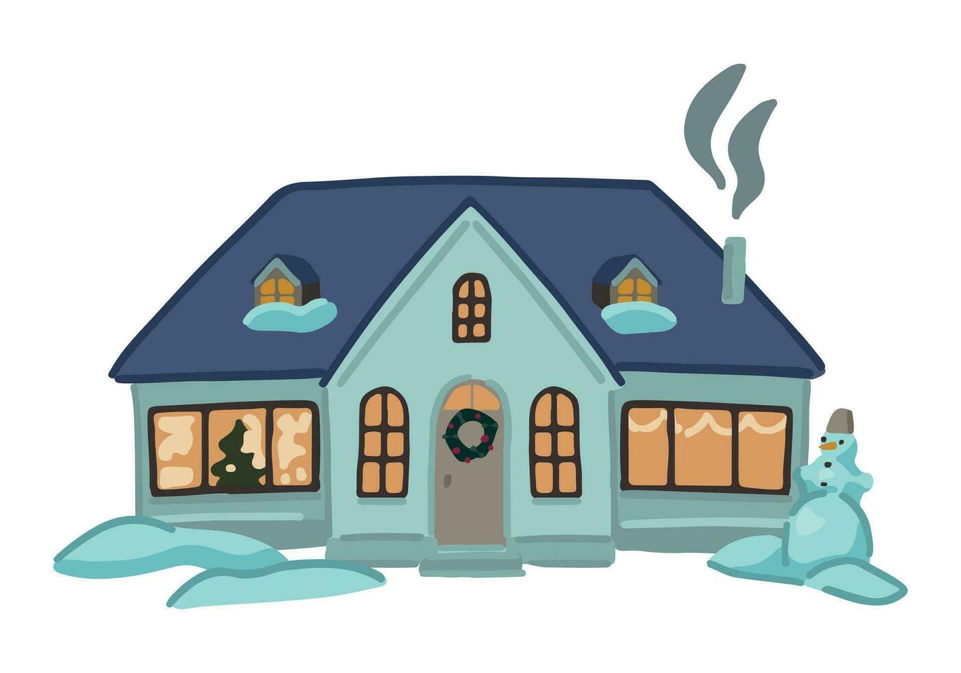 Cozy winter time house. Doodle of snow-covered country scene. Cartoon vector illustration. Contemporary clip art isolated on white.