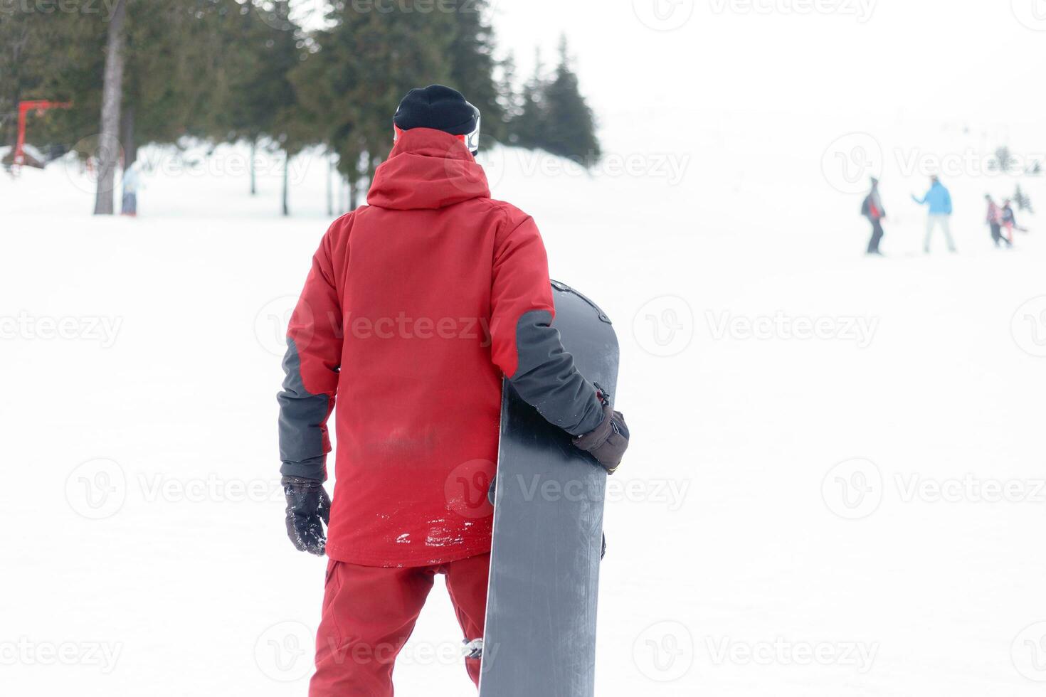 Snowboarder in helmet standing at the very top of a mountain photo