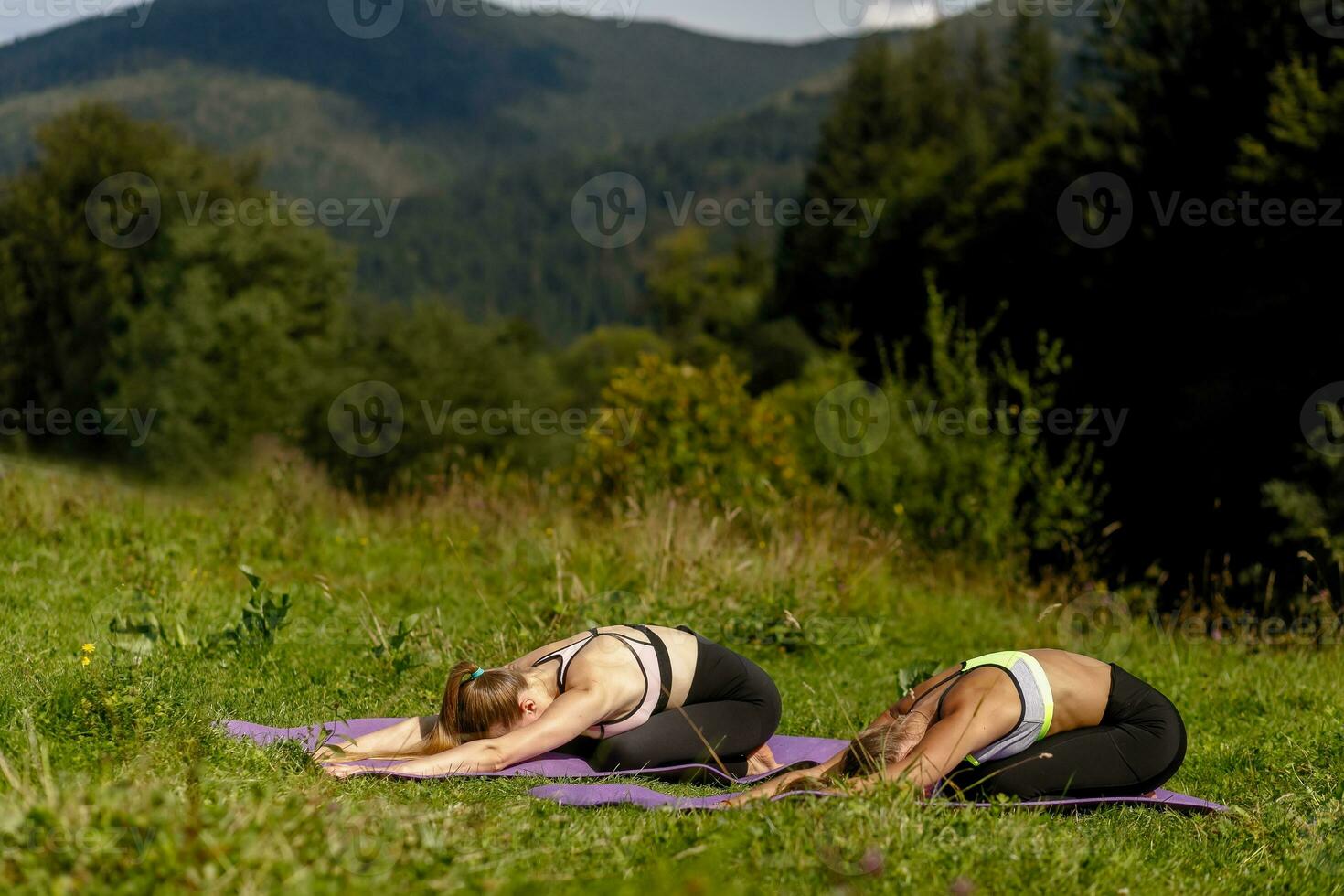 Two fitness women doing yoga in a park. photo