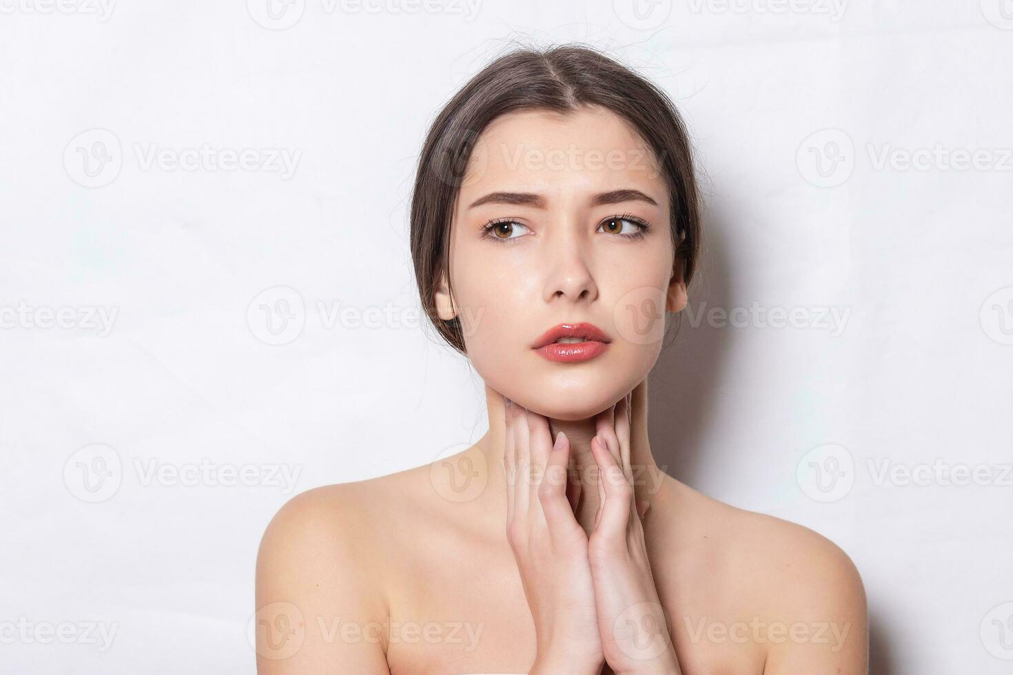 Throat Pain. Beautiful Woman Having Sore Throat, Feeling Sick. photo