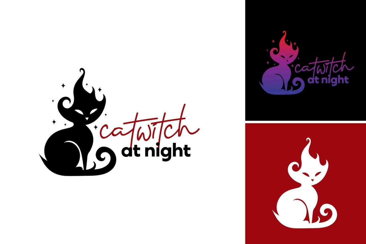 Cat Witch the Night Logo Design is a logo design asset suitable for nighttime-themed projects, such as cityscape, starry skies, moonlit scenes, or any design requiring a touch of nocturnal ambiance. vector