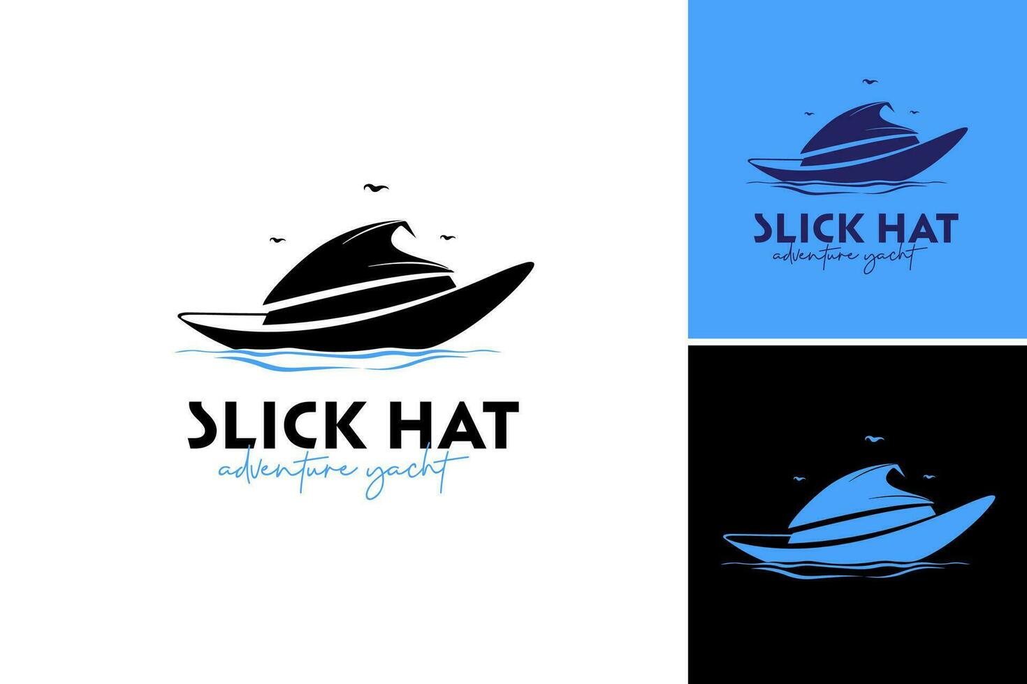 Slick Hat Adventure Yacht logo design that features a boat floating in water. This asset is suitable for businesses or organizations related to maritime activities, travel, adventure, vector
