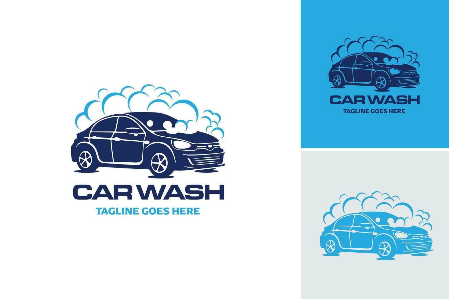 car wash logo template with blue car and soap bubbles vector